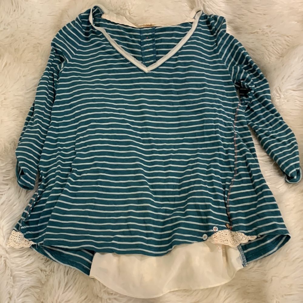 Anthropologie Teal and White Striped Long Sleeve Tee - Picture 6 of 7